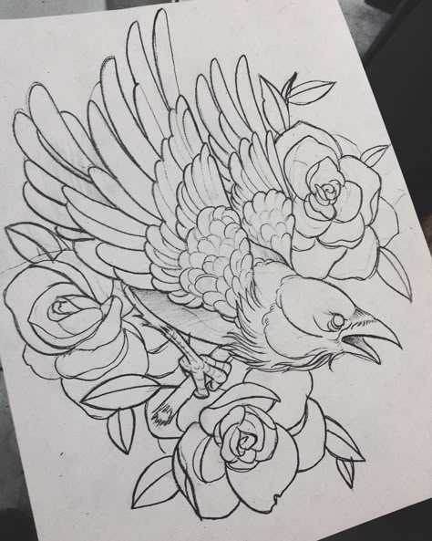 This is the one I want to do for my sleeve Tier Tattoo, Petit Tattoo, Kunst Tattoos, Crow Tattoo, Tattoo Zeichnungen, Raven Tattoo, Geniale Tattoos, Tattoo Stencil Outline, Traditional Tattoos