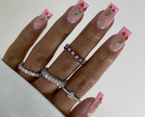 French Tip With Red, Pointy Almond, Heart Cherries, New Year Nail, Snowflake Nail Design, Pink French Tip, Gold Chrome Nails, Heart Nail Designs, Toe Nail Color