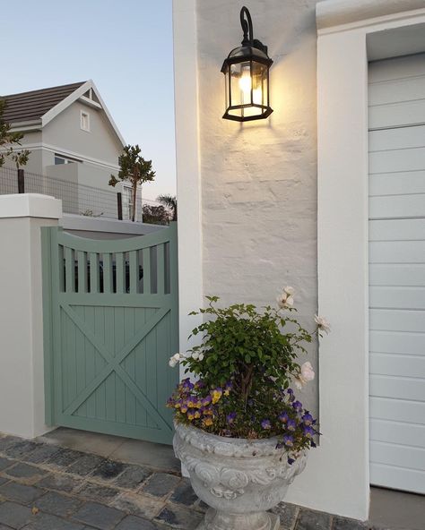 Beach House Gate Entrance, Side Of House Gate, Sage Garden Fence, Garden Gate Colours, Sage Green Garden Fence, Front Garden Gate, Painted Garden Gate, Cottage Garden Gate, House Side Gate