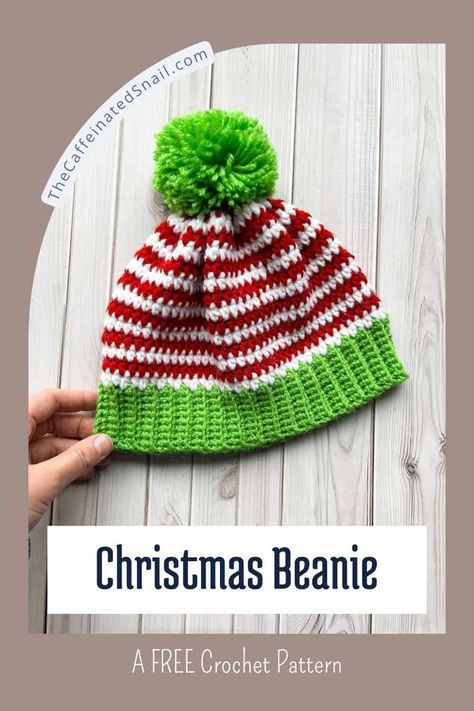 Welcome to my Christmas beanie crochet pattern! This cozy and cheerful crochet Christmas beanie is sure to bring all the holiday spirit to your wardrobe. With its classic red, white, and green color combination, this crochet striped beanie embodies the warmth and joy of the season. Grinch Beanie Crochet Pattern, Crocheted Grinch Hat Free Pattern, Free Crochet Christmas Hat Patterns, Grinch Crochet Hat Pattern Free, Christmas Beanies Crochet, Crochet Grinch Hat Pattern Free, Christmas Hats Crochet, Crochet Xmas Hats, Crochet Elf Hat Pattern Free