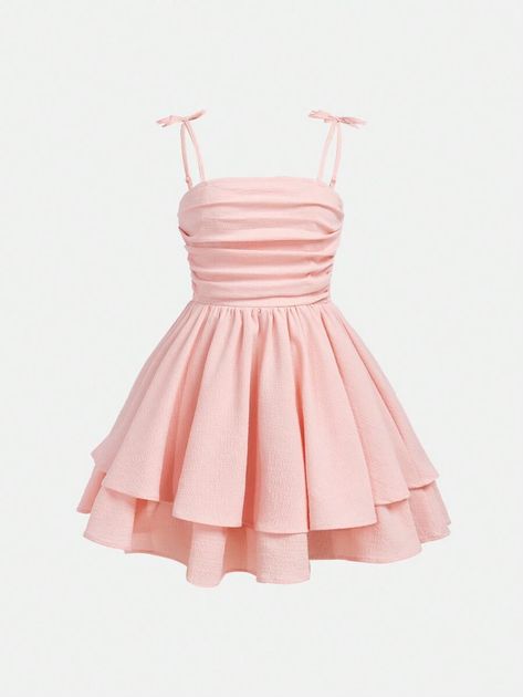 SHEIN Teen Girl Woven Solid Color Bubble Ruched Double Layered Hem Swing Cami Dress | SHEIN USA Hoco Dresses 6th Grade, 6th Grade School Dance Dresses, Cute Light Pink Dress, Casual Teen Dresses, Semi Formal Dresses Pink, Hoco Dresses 9th Grade, Light Pink Quinceanera Dresses Damas, Cute Dresses For 13 Yo, 5th Grade Dance Dresses