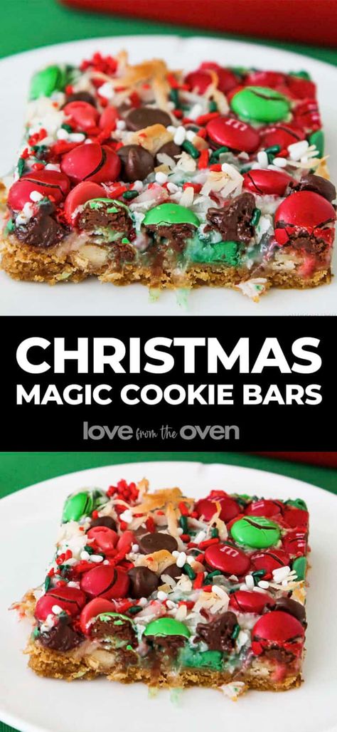 Christmas Magic Cookie Bars • Love From The Oven Magic Cookie Bar Recipe, Christmas Cookie Bars, Christmas Cookie Swap, Love From The Oven, Easy Holiday Treats, Magic Cookie Bars, Hot Chocolate Cookies, Crinkle Cookies, Cookie Bar Recipes