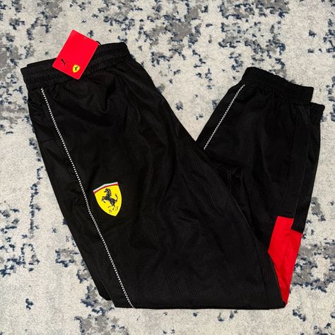 New Puma X Ferrari Sds Race Pants Joggers Size: Large Color: Black Red White Yellow Brand New With Tags Ferrari Clothes, Ferrari Merch, F1 Clothes, F1 Outfit, Ferrari Fashion, Ferrari Shoes, Ferrari Girl, Puma Pants, Racing Jacket