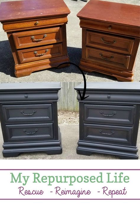 The perfect vintage black nightstands before and after #MyRepurposedLife #furniture #makeover #black #bedroom Black Nightstands, Easy Furniture Makeover, Diy Furniture Makeover Ideas, Nightstand Makeover, Bedroom Furniture Makeover, Black Nightstand, Furniture Flip, Diy Furniture Renovation, Furniture Renovation