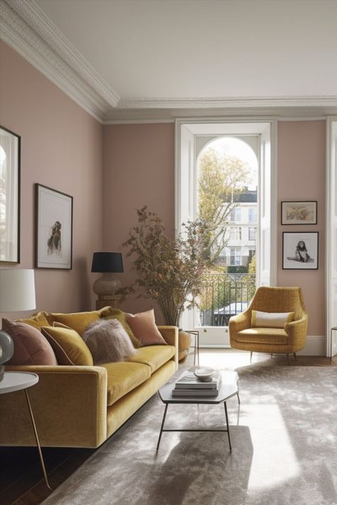 Pink and mustard....Who'd have thought? Get the look⤵️ 🎨: Aster 069 #fleetwood #fleetwoodpaints #fleetwoodpaint #fleetwoodathome Stylish Living Room Ideas, Cozy Scandinavian, Hallway Makeover, Pink And Mustard, Fleetwood Paint, Statement Light Fixture, London Interior Design, 2023 Pink, Pink Inspiration