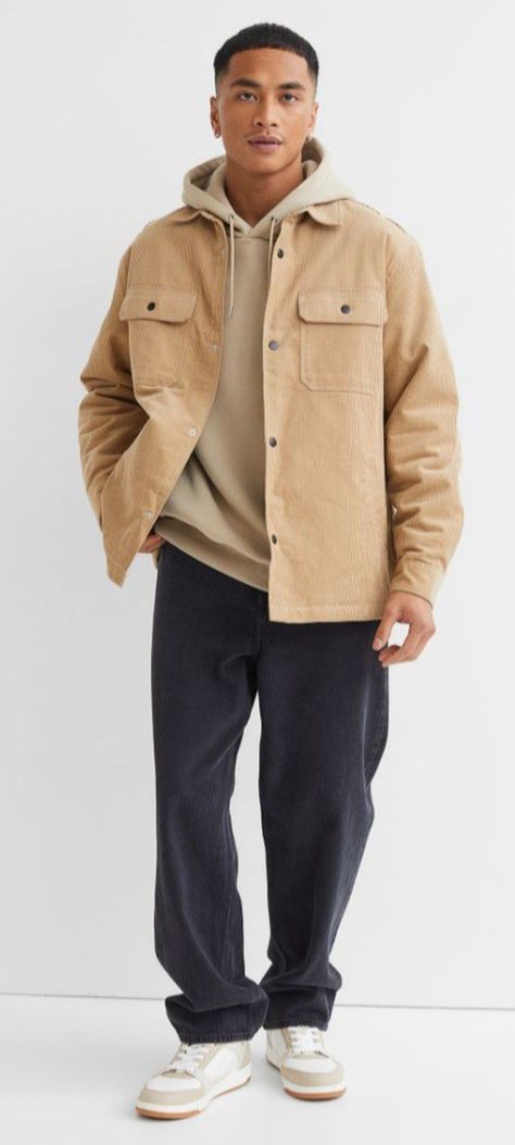 Beige Trucker Jacket Outfit Men, Tan Corduroy Jacket Outfit Men, Cream Hoodie Outfit Men, Mens Modern Fashion, Light Brown Jacket Outfit, Beige Jacket Outfit Men, Cream Hoodie Outfit, Beige Hoodie Outfit, Outfit Sobrecamisa