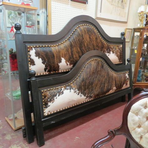 Cowhide Headboard, Rustic Beds, Cowhide Decor, Western Bedrooms, Headboard Wood, Cowhide Furniture, Western Bedroom Decor, Cowboy Chic, Headboard Bench