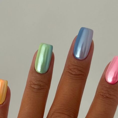 Charlotte Herberts on Instagram: "Multicoloured Chrome 🧡💛💚🩵💙💜🩷❤️  @glossifyofficial  @homeofnailart  @lucypastorellitools_  @nails_luxeofficial  @indigolune   #chrome #chromenails #colorfulnails #springnails #summernails" Multicolour Chrome Nails, Colourful Chrome Nails, Multi Color Chrome Nails, Multi Colour Nails, Multicolour Nails, Coloured Chrome Nails, Multicoloured Nails, Chrome Nail Colors, Gel Nails French