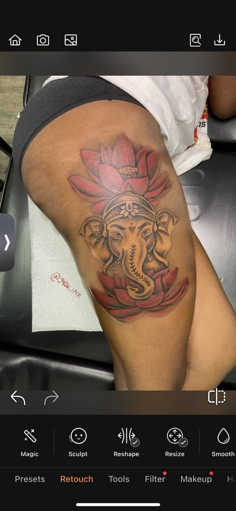 Elephant Tattoos On Thigh, Elephant Tattoos Thigh, Thigh Tattoos Women Black, Theigh Tattoos, Lip Print Tattoos, Side Thigh Tattoos Women, Baddie Tats, Thigh Piece Tattoos, Side Thigh Tattoos