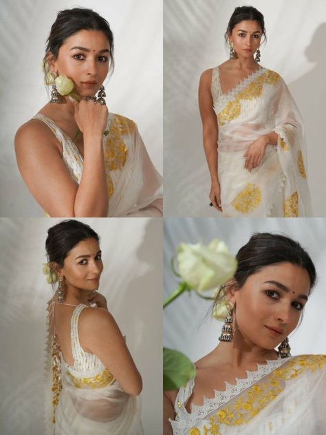 Latest Saree Blouse Designs Bollywood Celebrities, Saraswati Puja Saree Look, Sleevless Saree Blouse Designs, White Embroidered Saree, Alia Bhatt Saree, Indian Fits, Hair Style On Saree, Sisters Photoshoot Poses, Bollywood Hairstyles