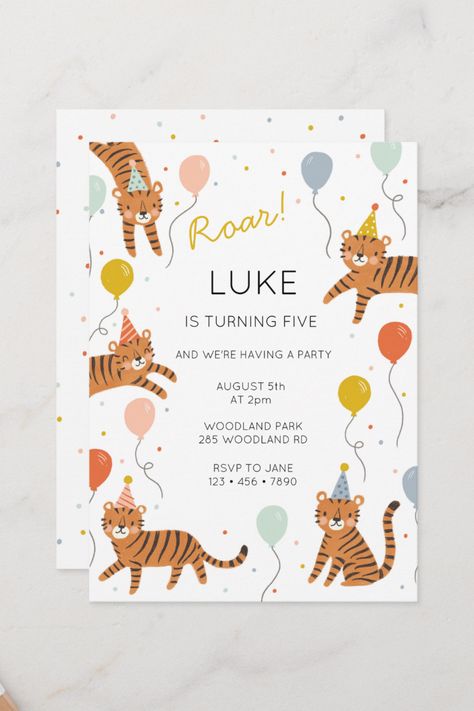 Kids First Birthday, Simple First Birthday, Tiger Birthday Party, Tiger Birthday, Bday Invitations, Wild One Birthday Party, Birthday Thank You Cards, First Birthday Themes, Animal Birthday Party