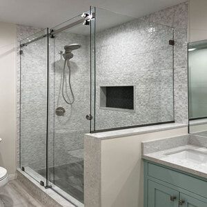 GLASS IS NOT INCLUDED Half Wall Shower, Shower Sliding Glass Door, Tub Enclosures, Pony Wall, Glass Shower Doors Frameless, Frameless Sliding Shower Doors, Shower Door Hardware, Glass Shower Enclosures, Shower Units