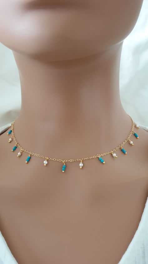 This necklace is made with natural freshwater pearls (3 mm), Turquoise gemstone beads (2 mm) , 14k gold filled chain and 14k gold filled clasp.  Please contact me in case you have any questions. Dainty Turquoise Necklace, Blue And White Necklace, Beautiful Anklet, Anklet Designs, Dangle Necklace, Dangle Necklaces, Wire Work Jewelry, Freshwater Pearl Necklace, Work Jewelry