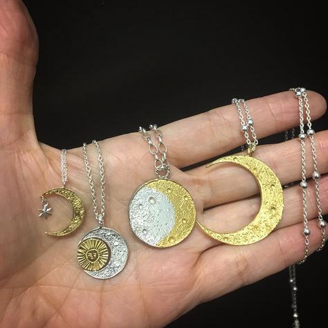 Gold Crescent Moon, Sun And Moon Necklace, Sun Moon And Stars, Gold Sun, Celestial Jewelry, Moon Jewelry, Silver Moon, Disc Necklace, Moon And Stars