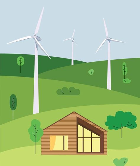 Wind farms in the field supply energy to the house. Green energy wind turbines on earth. Wind turbines. Vector illustration. Clean energy. Save the planet. Planet Planet, Big Data Visualization, Future Technology Concept, House Green, Vector Technology, Earth Wind, Wind Turbines, Pixel Design, Isometric Design