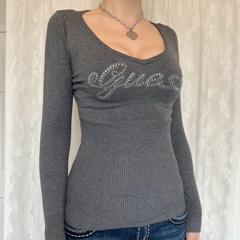 Cyber Y2K Grunge Black & Silver Sparkle Striped Guess Long Sleeve Sweater With V-Neck #y2k #2kfashion #2000s #2000sfashion #depop #guess Gem Logo, Guess Clothing, Logo Y2k, Black Striped Sweater, 2000s Clothing, 2000s Clothes, Y2k Long Sleeve, Kinds Of Clothes, 2000s Fashion