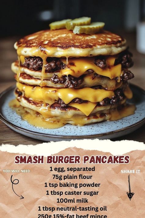 Pancake Smash Burger, Pancake Burger, Smash Burger Recipe, Diner Menu, Lunch Lady, Pancakes Ingredients, Burger Bar, Smash Burger, Burger Recipe