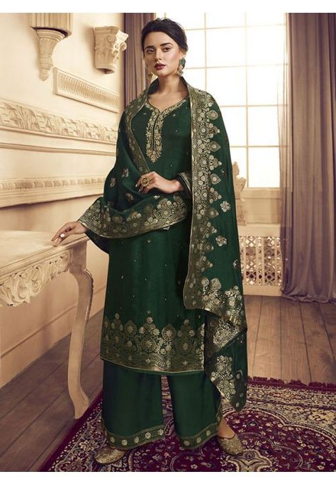 Satin Suits, Traditional Party Wear, Palazzo Dress, Party Wear Salwar, Suit Green, Lehenga Suit, Silk Pant, Indian Salwar Kameez, Palazzo Suit