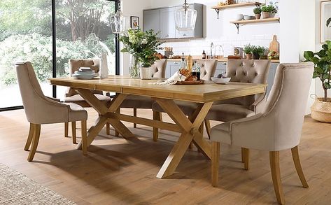 Grange Oak Extending Dining Table with 8 Duke Mink Velvet Chairs | Furniture Choice Large Farmhouse Table, Grey Leather Chair, White Dining Set, Big Dinner, Oak Extending Dining Table, Fabric Chairs, Solid Oak Dining Table, Large Farmhouse, Leather Corner Sofa