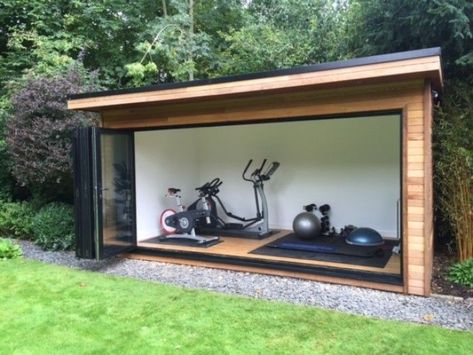 Home Gym Shed, Gym Room Ideas, Gym Shed, Garden Gym, Home Gym Mirrors, Backyard Gym, Contemporary Garden Rooms, Garden Pods, Gym Room At Home