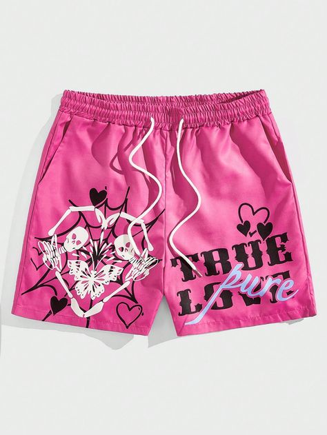 Hot Pink Street Collar  Woven Fabric Halloween,Letter Straight Leg Embellished Non-Stretch  Men Clothing Percy Jackson Outfits, Graphic Shorts, Pink Street, Shein Men, Skeleton Graphic, Drawstring Waist Shorts, Street Life, Street Fashion Men Streetwear, Summer Street