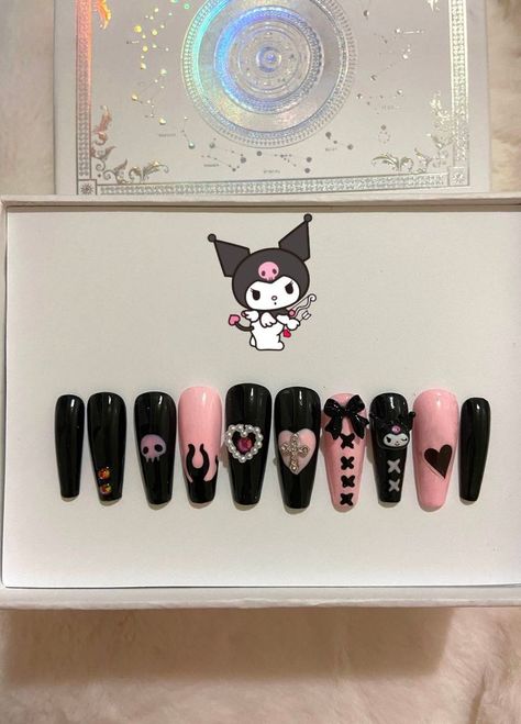 Kuromi Nails, Paznokcie Hello Kitty, Wide Nails, Cow Nails, Anime Nails, Grunge Nails, Hello Kitty Nails, Really Cute Nails, Nails For Kids