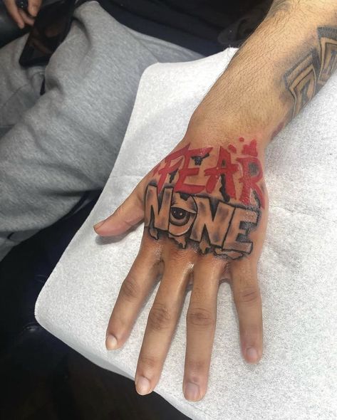 Fear None Hand Tattoo, Girls Hand Tattoos, Guys Hand Tattoos, Tattoos For Guys Hand, Self Made Tattoo, Tattoo Ideas Men, Simple Leg Tattoos, Arm Tattoos For Guys Forearm, Half Sleeve Tattoo Stencils