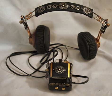 Steampunk Bracer with Headphones Fantasy Headphones, Weird Headphones, Junk Headphones, Steampunk Head Accessories, Steampunk Technology, Steampunk Bracer, Steampunk Headphones, Steampunk Musical Instruments, Steampunk Music