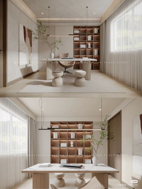 Modern Home Study Design, Home Office With Bookcase Behind Desk, High Storage Ideas, Japandi Office Space, Interior Design Office Studio, Japandi Office Design, Japandi Office, Design Studio Office, Modern Home Offices