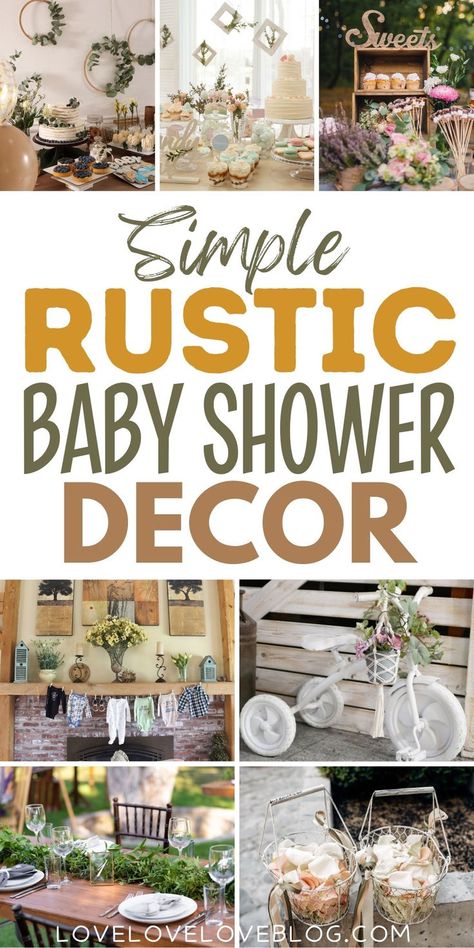 Collage of rustic baby shower decorations for boys and girls. Vintage Baby Shower Decorations, Rustic Baby Shower Ideas, Farmhouse Baby Shower, Vintage Baby Shower Boy, Rustic Baby Shower Decorations, Food Favors, Baby Shower Ideas For Boys, Baby Girl Cake, Baby Shower Table Centerpieces