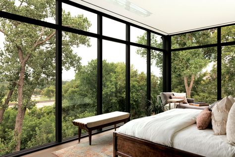 Glimpses of the Minneapolis skyline are visible through the floor-to-ceiling windows of this master bedroom. Minneapolis Skyline, Midwest Home, Building Remodeling, Interior Design Process, Lots Of Windows, Huge Windows, Kitchen And Bath Design, Big Windows, Bedroom Windows