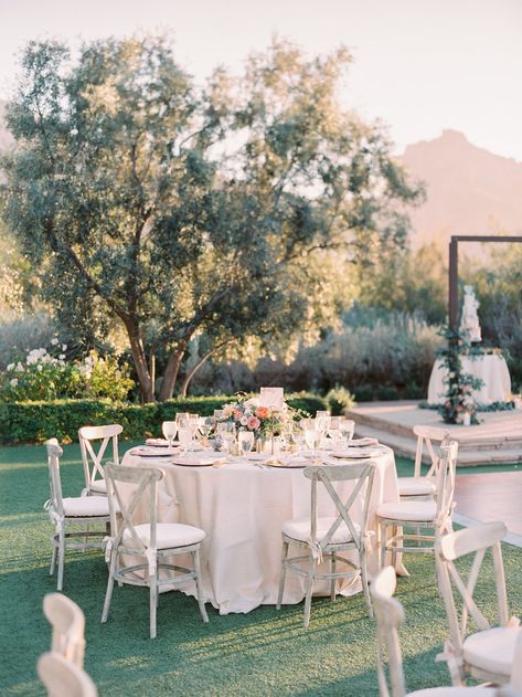 El Chorro Wedding — Shannon Smith Events Cross Back Chairs Wedding, White Chairs Wedding, Popsicle Cart, Cherry Blossom Centerpiece, Floating Centerpieces, Wedding Reception Chairs, Gold Place Setting, Chairs Wedding, Reception Table Centerpieces