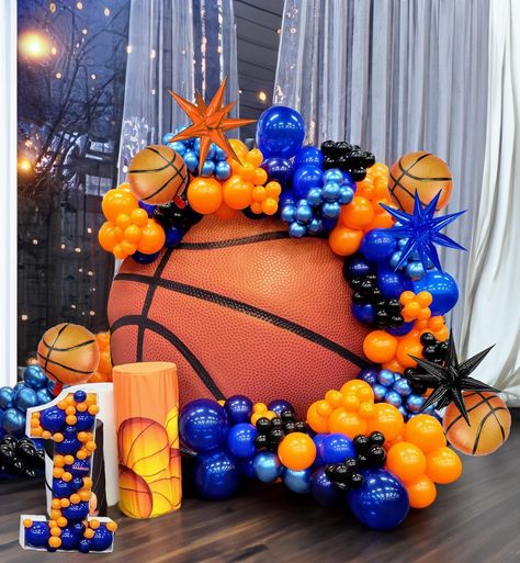 PRICES MAY VARY. 【basketball Themed blue orange and black Balloon Kit】INCLUDES the following 150PCS 5" 10" 12" balloons in various sizes, we chose blue orange and black as Palette for the theme, Add 7pcs foil basketball Themed balloons. Balloon & G lue Dot Tie Kit lets you create a cheerful and vibrant atmosphere, perfect for basketball themed party 【100% Reliable Color 】 We insist on 100% real photography, Providing True Color of every single balloons, what you have to do is trust your color in Booth Size, Baby Shower Sports, Basketball Themed Birthday Party, Basketball Theme Birthday, Basketball Baby Shower, Basketball Theme Party, Circle Backdrop, Basketball Birthday Parties, Party Backdrops