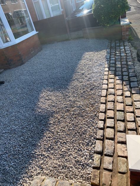 Driveway upgrade, flags removed and replaced with a cobblestone apron & limestone gravel Driveway Upgrade, Cobblestone Driveway Apron, Limestone Driveway, Limestone Gravel, Driveway Apron, Cobblestone Driveway, Garden Driveway, Driveway Ideas, Driveway Design