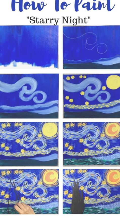 Paint Starry Night, فنسنت فان جوخ, Starry Night Painting, Arte Van Gogh, Seni Dan Kraf, Small Canvas Art, Simple Acrylic Paintings, Step By Step Painting, Night Painting