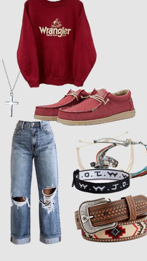 #outfitinspo #wrangler #heydudes #wwjd Heydude Shoes Outfits, Wrangler Purse Outfit, Hey Dude Outfits, Hey Dudes Outfit, Hey Dudes Outfit Women, Polyvore Outfits Fall, Red Wrangler, Punchy Outfits, Country Fits