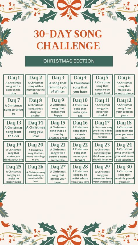 Christmas Song Challenge, 30 Days Of Christmas Activities, 2023 Checklist Instagram Story, Christmas Challenge 30 Day, Christmas Challenge Games, Christmas Song List, Songs For Christmas, Christmas Songs List, 30 Days Of Christmas