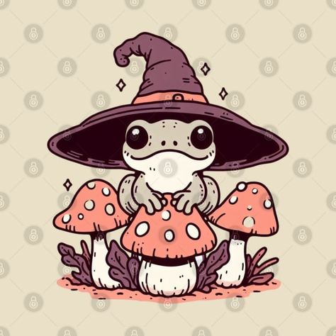 Cool Witchy Drawings, Frog Tattoo Design Cute, Frog Embroidery Designs, Magic Frog Tattoo, Witchy Frog Tattoo, Frog With Mushroom Hat Drawing, Frog And Mushroom Drawing, Mushroom Frog Drawing, Frog Mushroom Drawing