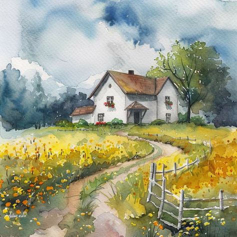 Watercolor Painting Ideas Easy, Printable Painting Templates, Painting Ideas Tutorials, Watercolor Templates, Watercolor Landscape Tutorial, Watercolor Painting Ideas, Landscape Painting Watercolor, Master Watercolor, Countryside Art