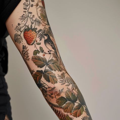 40 Whimsical Tattoos For Anyone Craving Something Different Woodland Creature Tattoo, Fairy Garden Tattoo Sleeve, Woodland Tattoo Sleeve, Vegetable Tattoos, Botanical Sleeve Tattoo, Nature Sleeve Tattoo, Woodland Tattoo, Brown Tattoos, Botanical Tattoo Sleeve