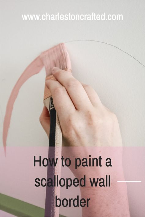 You won't believe how easy it is to add a scallop border to your wall paint! Here's how to do it. How To Paint Scallops On Wall, How To Do Scalloped Edge Paint, Painted Wall Border Ideas, How To Scallop Painted Wall, Scalloped Ceiling Paint, Scalloped Painted Wall Bedroom, Scalloped Border Wall, Painting Scallops On Wall, How To Paint Scalloped Wall