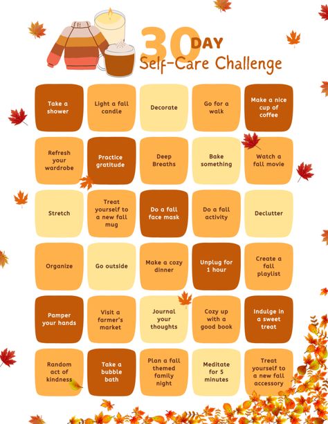 30-Day Simple Fall Self-Care Challenge + Printable Bingo Card Self Care Challenge 30 Day Fall, October Self Care Calendar, October 30 Day Challenge, Fall Self Care Challenge, October Self Care Challenge, Self Care November, November Self Care Challenge, October Challenge 30 Day, September Bingo