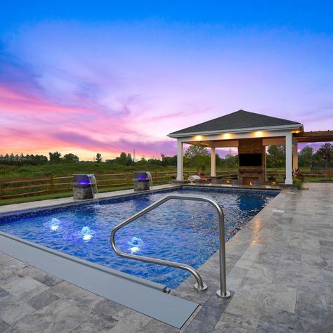 See latest outdoor oasis we've created! The vinyl pool[ ](https://www.pool-fx.com/inground-pool-company-columbus-oh)not only has a swim up bar, but also has bubblers, a built in sun ledge and two fire and water bowls. See more photos and features: <https://www.pool-fx.com/recent-projects/swim-up-bar-with-step-down-pavilion-hilliard-oh> #swimupbar #swimmingpool #pavilion Swim Up Bar Pool, Resort Ideas, Dream Backyard Pool, Vinyl Pool, Swim Up Bar, Fire And Water, Inground Pool, Backyard Remodel, Backyard Pool Designs