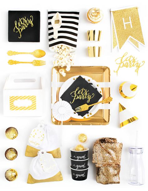 Crated: Stylish Parties, the Easy Way! | Pizzazzerie Birthday Party Box, Movie Wedding, Modern Party, Black Gold Jewelry, Party Kits, Birthday Box, Stylish Party, 40th Birthday Parties, Gold Party