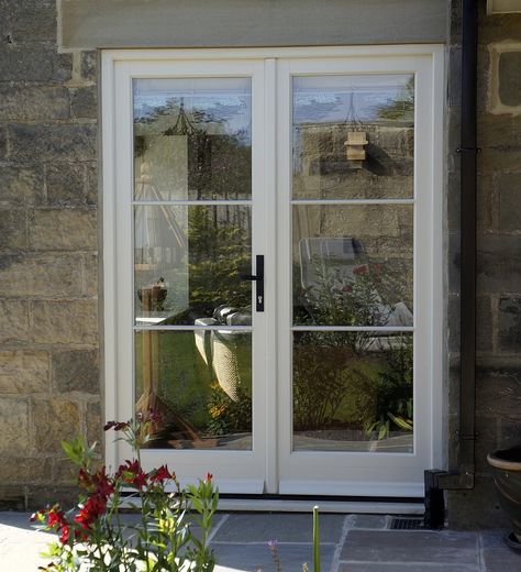 Victorian Terrace French Doors, Cream Patio Doors, External French Doors With Side Panels, French Cottage Windows, Patio Doors Victorian House, Upvc French Doors Exterior, French Gray Windows, Cottage Windows And Doors, Cottage Patio Doors