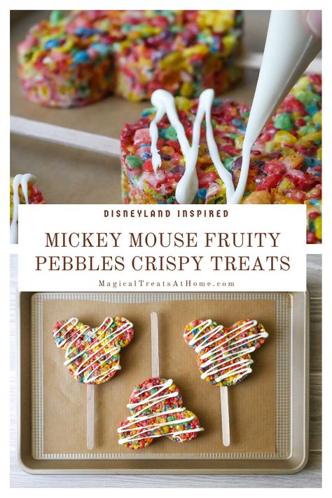 Mickey Mouse Shaped Rice Krispies, Mickey Rice Krispie Treats, Mickey Mouse Rice Krispie Treats, Disney Dessert Recipes, Fruity Pebbles Treats, Crispy Treats Recipe, Cereal Flavors, Fruity Pebbles Cereal, Pebbles Cereal