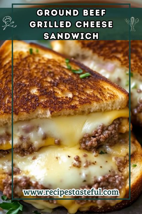 Combine juicy seasoned beef with gooey melted cheese between crispy, buttery bread for a hearty lunch or quick dinner. This Ground Beef Grilled Cheese Sandwich is sure to satisfy your cravings! Beef Grilled Cheese, Ground Beef Grill, Hearty Lunch, Quick Weeknight Meals, Cheese Sandwich, Grilled Cheese Sandwich, Cheese Sandwiches, Melted Cheese, Grilled Cheese