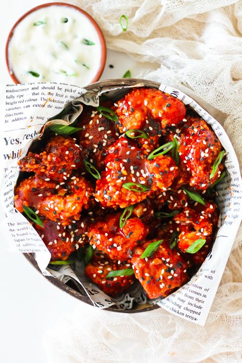 Gojuchang Cauliflower, Korean Cauliflower Wings, Vegan Gochujang Recipes, Vegan Bunny Chef, Easy Cauliflower Wings, Korean Bbq Cauliflower, Gochujang Cauliflower, Korean Fried Cauliflower, Sticky Finger