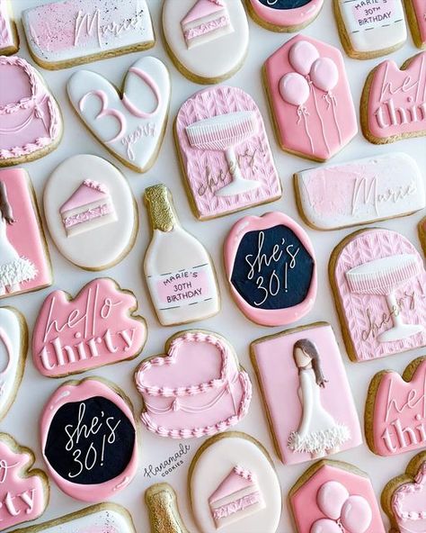 Champagne Shaped Cookies, Pink Royal Icing Cookies, 30th Birthday Decorated Cookies, Pink Birthday Cookies Decorated, 30th Birthday Sugar Cookies, 30 Birthday Cookies, Pink Birthday Cookies, 30th Birthday Cookies, Pink 30th Birthday