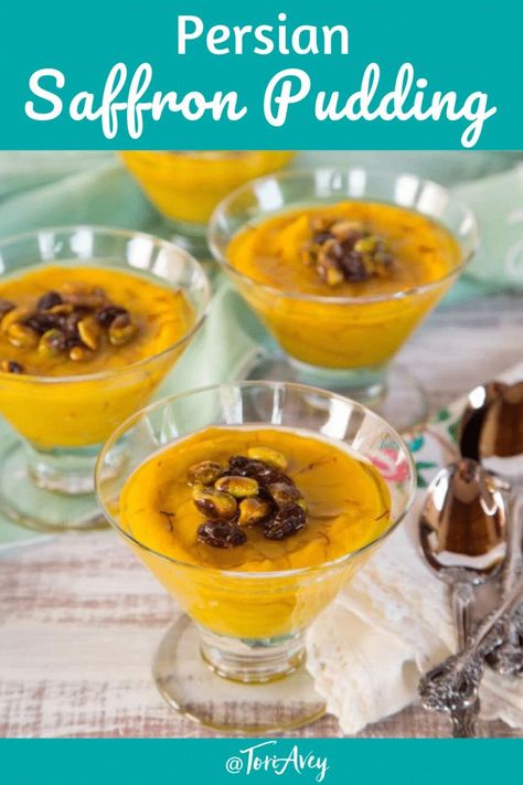 Persian Saffron Pudding - Exotic yet simple gluten free, dairy free, vegan dessert recipe with saffron, pistachios and orange blossom syrup. Make-ahead dessert perfect for your Valentine. | ToriAvey.com #pudding #persian #saffron #dessert #sweets #exotic #glutenfree #dairyfree #vegan #orangeblossom #TorisKitchen Gluten Free Kosher Recipes, Vegan Dessert Recipe, Persian Desserts, Gluten Free Vegan Recipes Desserts, Berry Cobbler Recipes, Saffron Recipes, Vegan Gluten Free Desserts, Clean Dessert, Gluten Free Egg Free